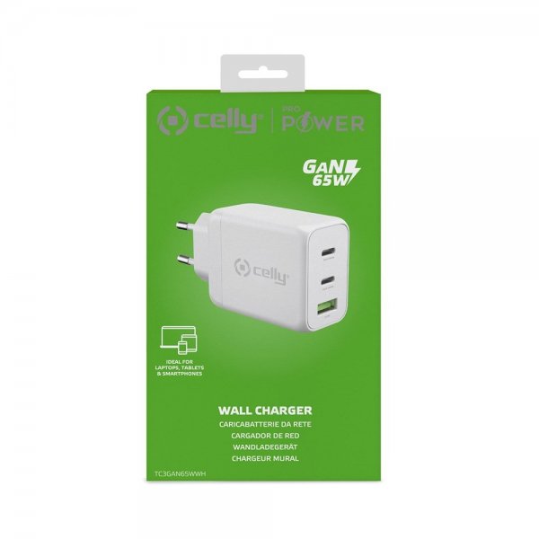 Celly-laturi TC3GAN65W 2xUSB-C/USB-A GaN 65W, valkoinen