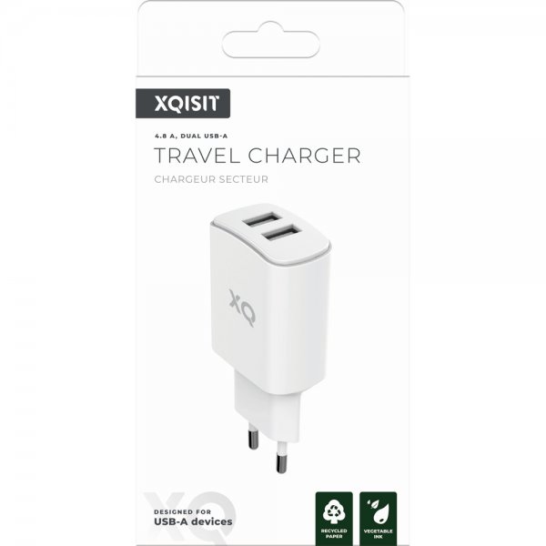 Xqisit-lataussovitin kahdella USB-A-liitännällä 4.8A Valkoinen