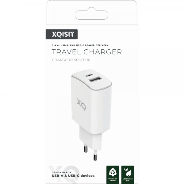 Xqisit USB-A- ja USB-C-lataussovitin, 30 W, valkoinen