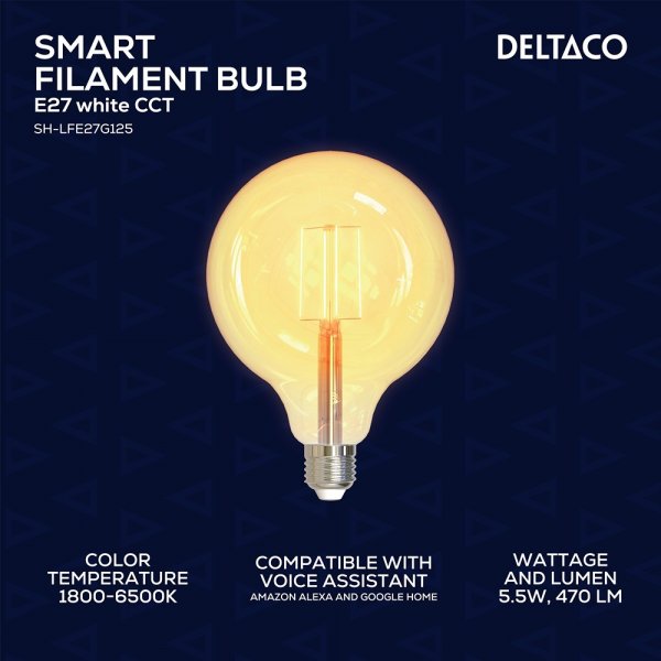 Deltaco Smart Home LED-lamppu Filament E27 WiFi G125 5.5W
