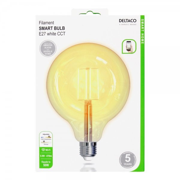 Deltaco Smart Home LED-lamppu Filament E27 WiFi G125 5.5W