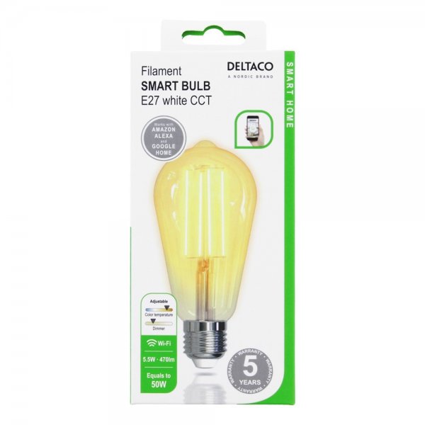 Deltaco Smart Home LED-lamppu Filament E27 WiFi ST64 5.5W