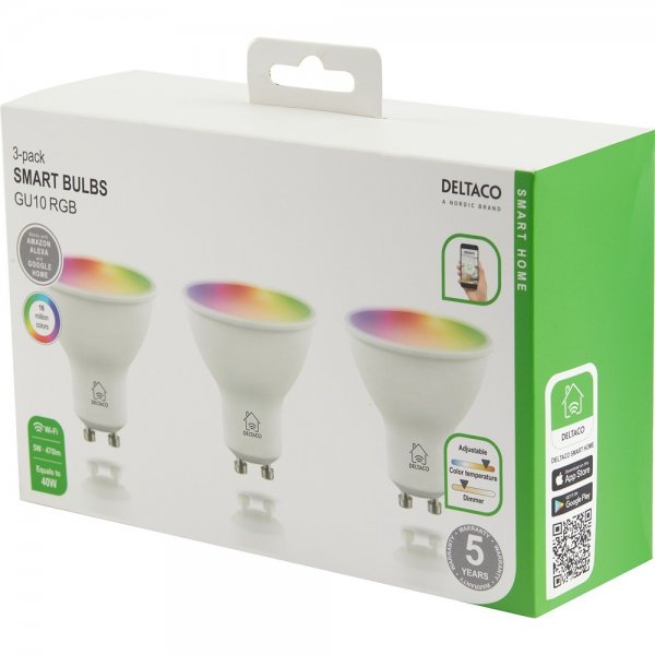 Deltaco Smart Home LED-lamppu GU10 WiFi 5W RGB 3 kpl