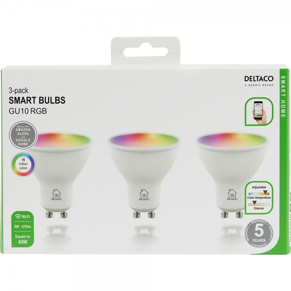 Deltaco Smart Home LED-lamppu GU10 WiFi 5W RGB 3 kpl