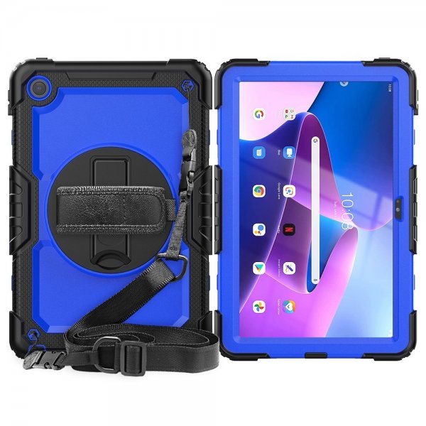 Lenovo Tab M10 Plus (3. sukupolvi) TB125 TB128 Suojakuori hihnalla ja jalustatoiminnolla Sinimusta