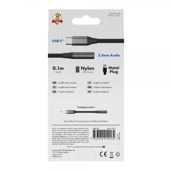 X2O Äänisovitin USB-C–3.5 mm AUX 0,1 m Musta