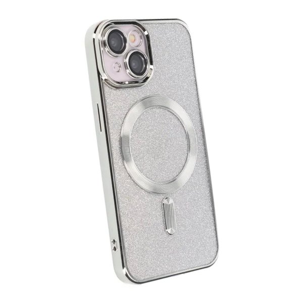 iPhone 15 -kuori kimalteleva, läpinäkyvä MagSafe hopea