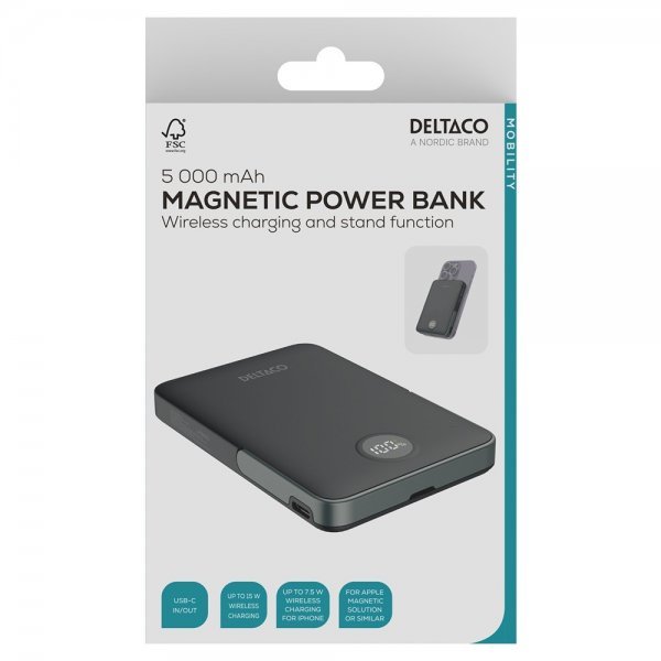 Deltaco MagSafe Powerbank jalustalla 5000 mAh 20W Musta