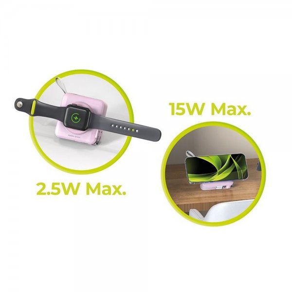 Mobile Origin MagSafe-varavirtalähde/matkalaturi, sisäänrakennetut kaapelit/Apple Watch -lataus, pinkki