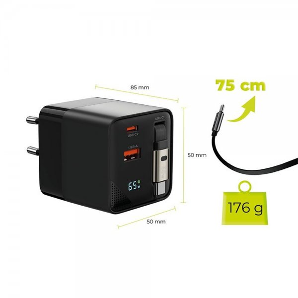 Mobile Origin -laturi näytöllä, GaN 65W, sisäänrakennettu USB-C-kaapeli
