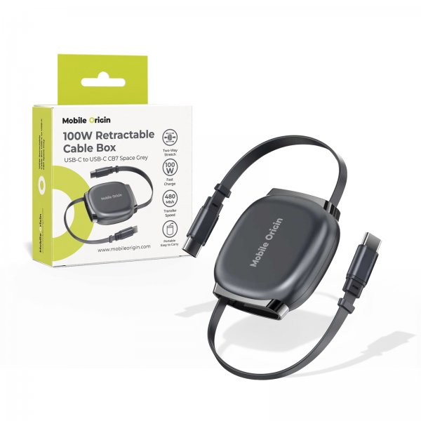 Mobile Origin USB-C -kaapeli 100W sisäänvedettävä kaapelirasia Harmaa