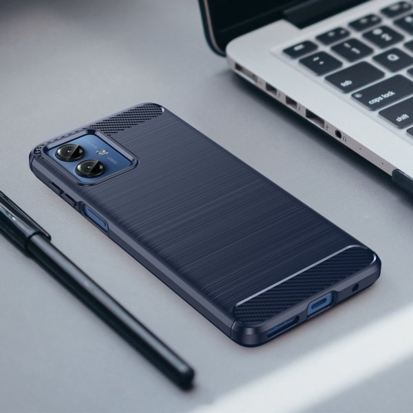 Motorola Moto G14 Suojakuori Harjattu hiilikuitukuviointi Sininen