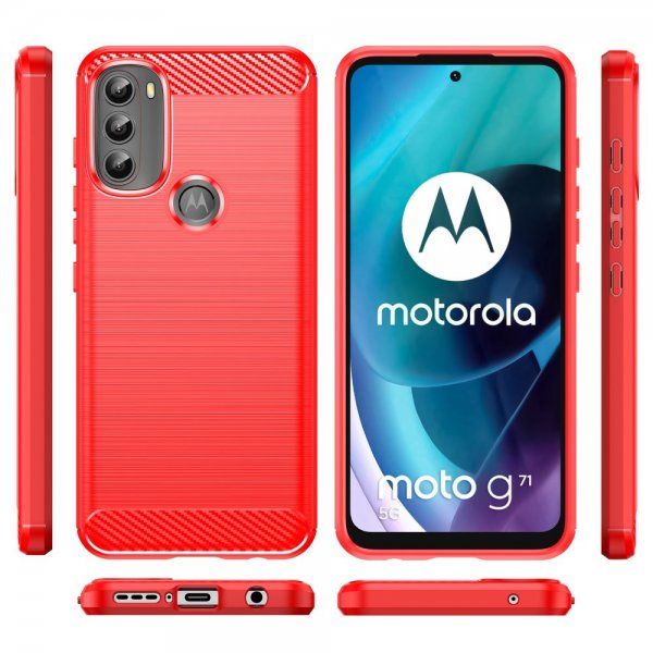 Motorola Moto G71 5G Suojakuori Harjattu Hiilikuitukuvio Punainen