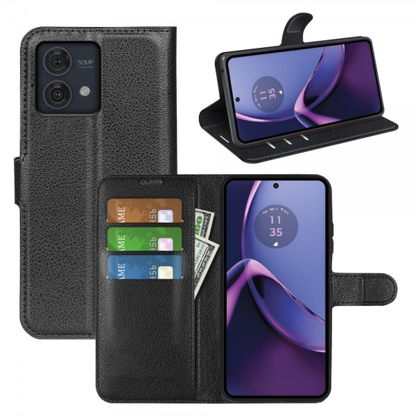 Motorola Moto G84 Litsi Nahkakotelo Musta
