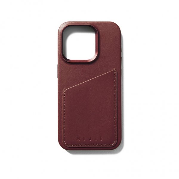 Mujjo iPhone 15 Pro -suojakuori, täysnahkainen lompakkokotelo MagSafella, burgundinpunainen