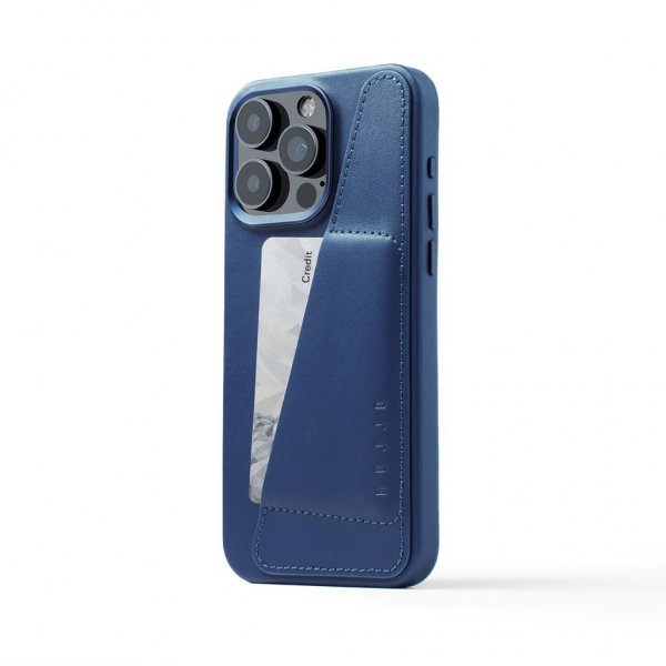 Mujjo iPhone 15 Pro Max Kuori Full Leather Wallet Case MagSafe Monaco Blue