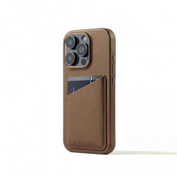 Mujjo iPhone 16 Pro Nahkakotelo Lompakolla – Dark Tan