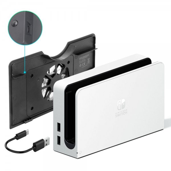 Dobe Nintendo Switch OLED -jäähdytystuuletin sinisellä valolla, musta
