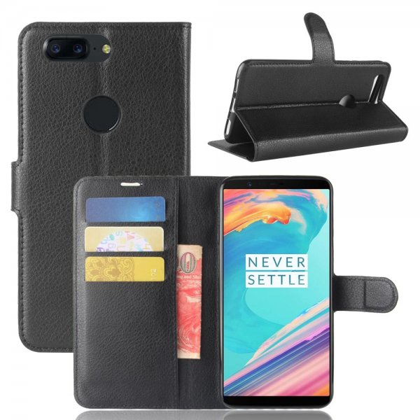 OnePlus 5T -kotelo, litsi-nahka, musta