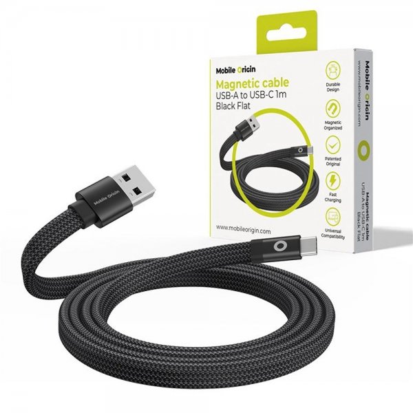 Mobile Origin Litteä Kaapeli Magneettinen USB-A–USB-C 1m Musta