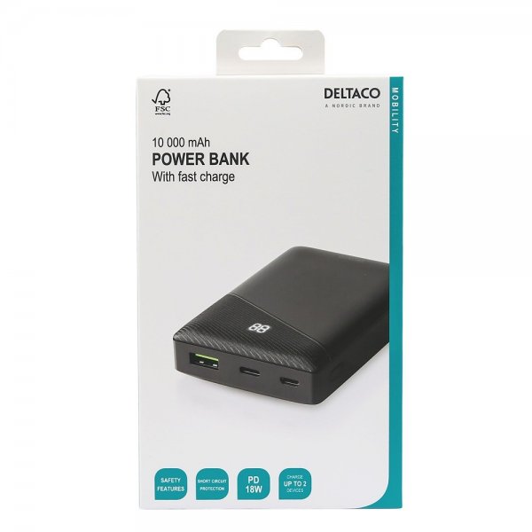 Deltaco Powerbank 10 000 mAh Pikalataus 18W Musta