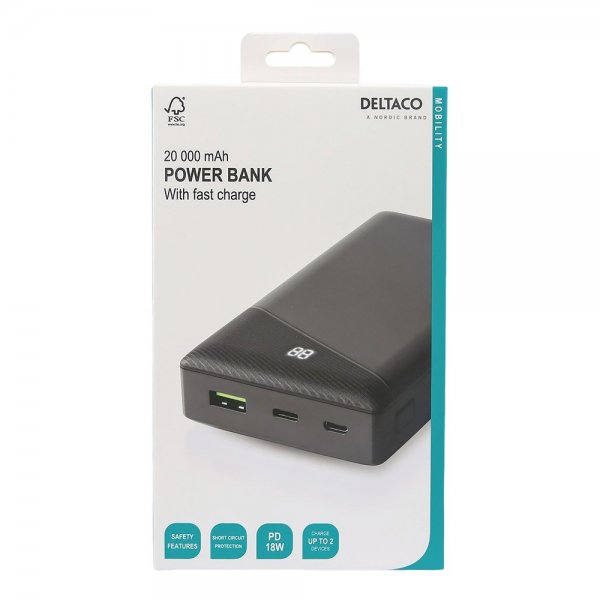 Deltaco Powerbank 20 000 mAh Pikalataus 18W Musta
