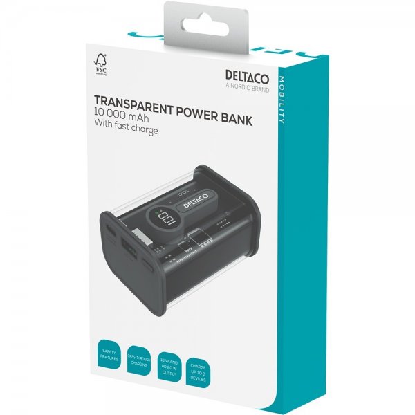 Deltaco Powerbank Transparent 10 000 mAh Fast Charge Musta