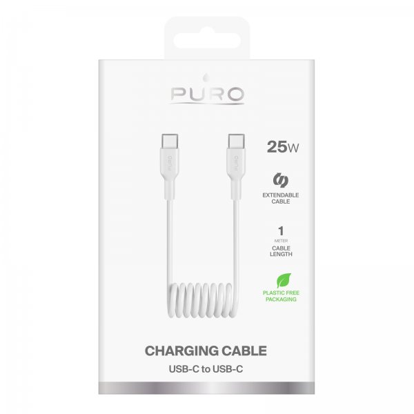 Puro USB-C–USB-C-spiraalikaapeli 1m, valkoinen