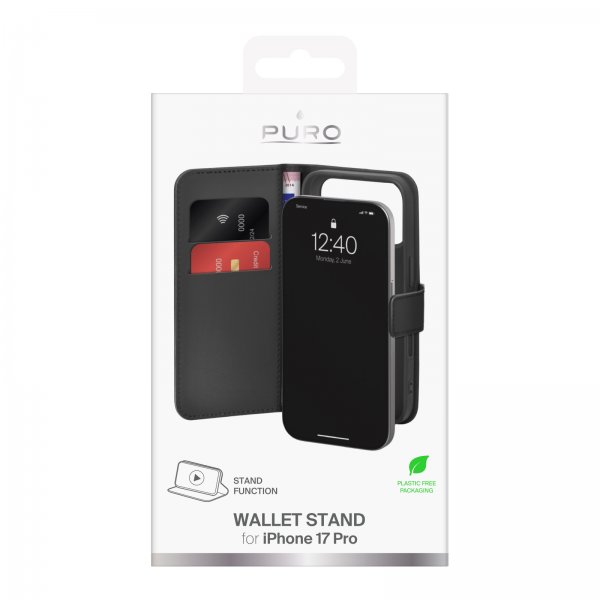Puro iPhone 17 Pro Kotelo Lompakko Jalusta Musta