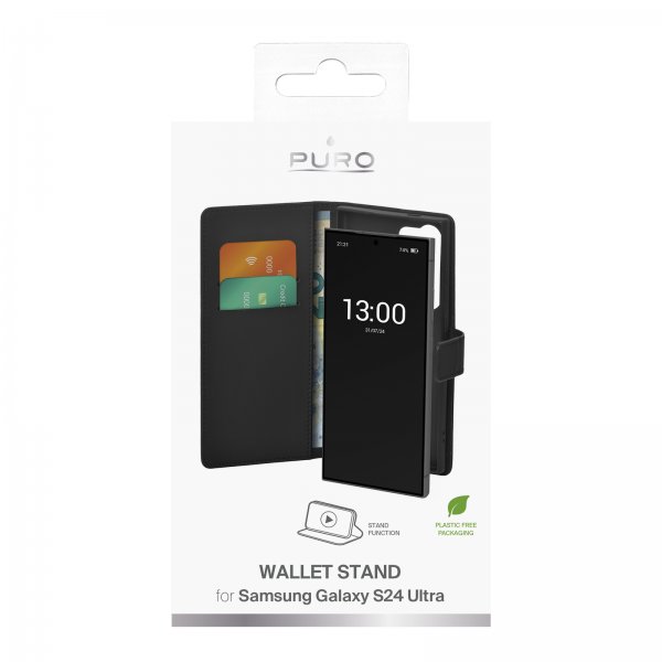 Puro Samsung Galaxy S24 Ultra Wallet Stand -suojakotelo, musta