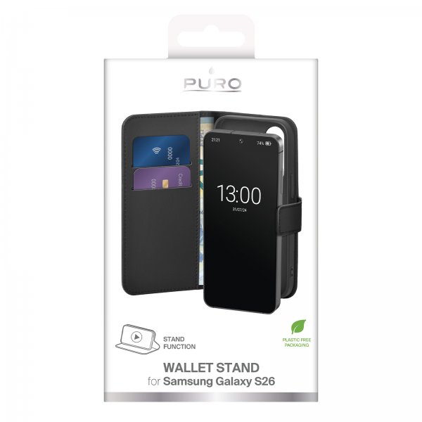 Puro Samsung Galaxy S26 -suojakotelo, lompakko, jalusta, musta