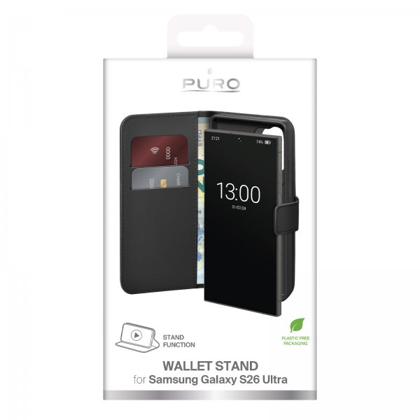 Puro Samsung Galaxy S26 Ultra -suojakotelo, lompakko, jalusta, musta
