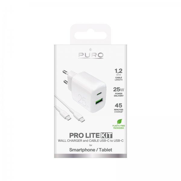 Puro-laturi kaapelilla ProLite Kit USB-C 25W 1,2m Valkoinen