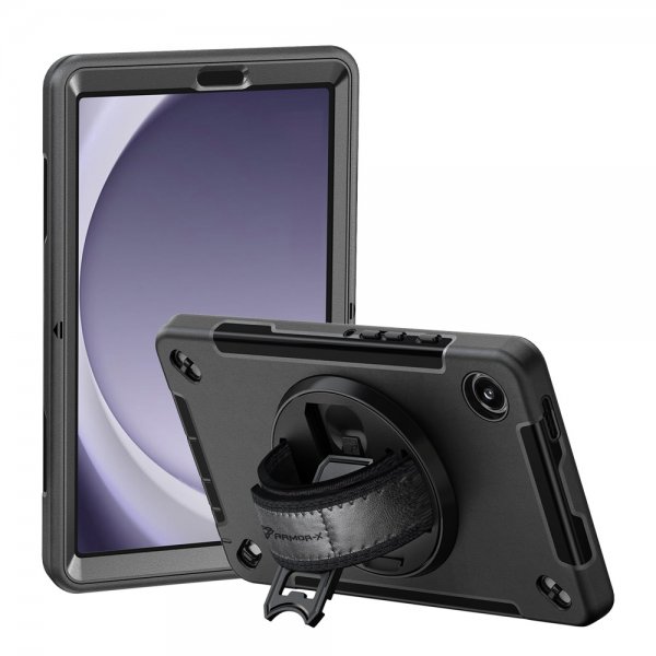 Armor-X Samsung Galaxy Tab A9 suojakuori, vedenkestävä, kestävä kotelo, käsilenkki, jalusta, musta