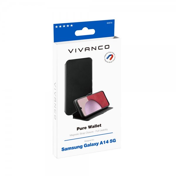 Vivanco Samsung Galaxy A14 Pure Wallet suojakotelo, musta
