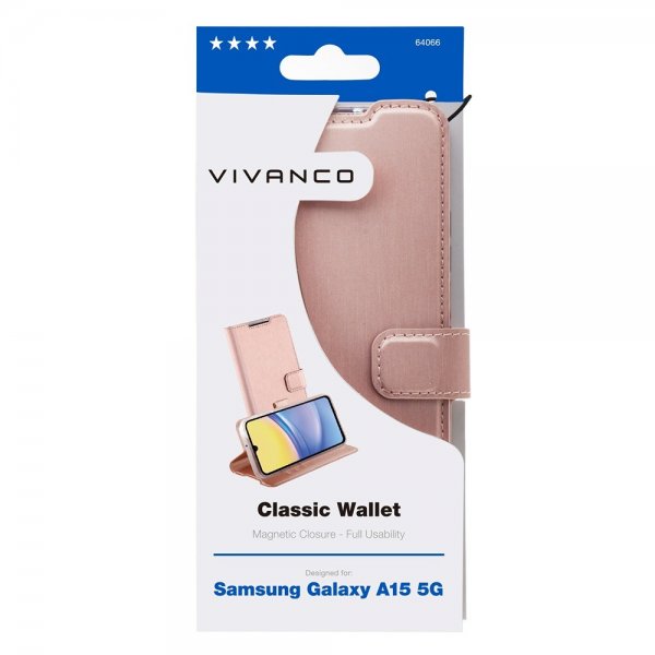 Vivanco Samsung Galaxy A15 Kotelo Classic Wallet Ruusukulta