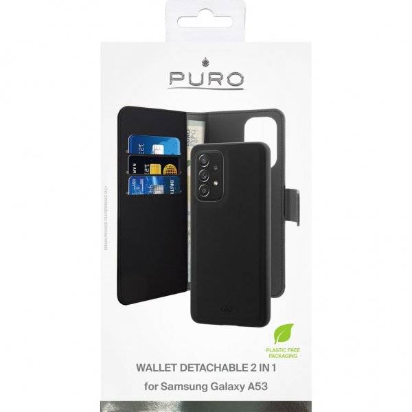 Puro Samsung Galaxy A53 5G 2-in-1 Wallet Case, irrotettava kuori, musta