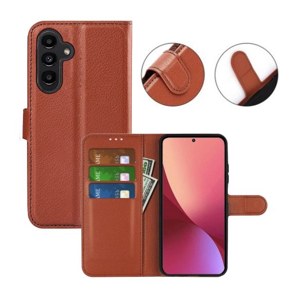 Samsung Galaxy A54 5G -kotelo jalustalla, ruskea