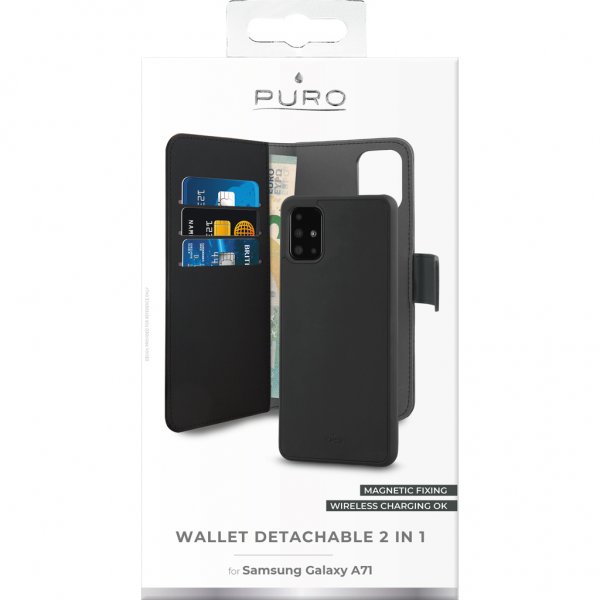 Puro Samsung Galaxy A71 -kotelo, lompakko, irrotettava 2-in-1, musta