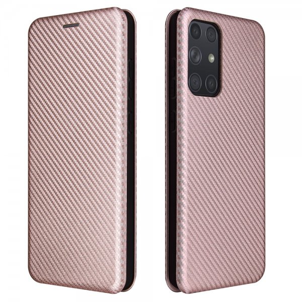Samsung Galaxy A72 -kotelo hiilikuitutekstuurilla, ruusukulta