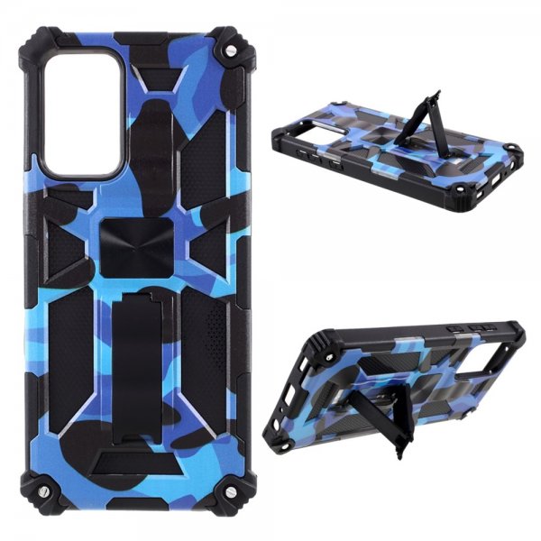 Samsung Galaxy A72 -suojakuori metallilevyllä, jalustatoiminnolla ja Camouflage Blue -kuosilla