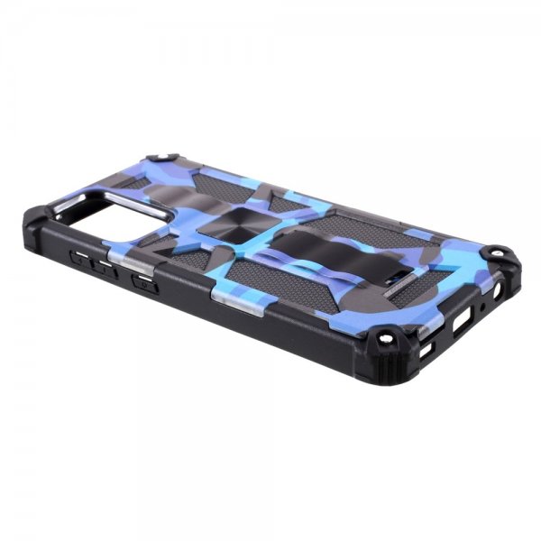 Samsung Galaxy A72 -suojakuori metallilevyllä, jalustatoiminnolla ja Camouflage Blue -kuosilla