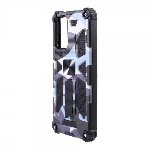 Samsung Galaxy A72 -kuori, jossa metallilevy, jalustatoiminto ja maastokuviointi (Navy)