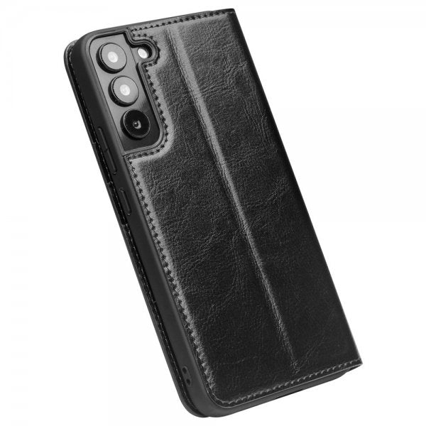 Qialino Samsung Galaxy S22 -kotelo, aitoa nahkaa, korttipaikka, musta