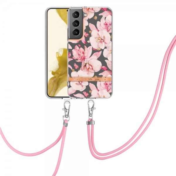 Samsung Galaxy S22 Plus -kuori, kukkakuvio, ranneke, ruusunpunainen Gardenia