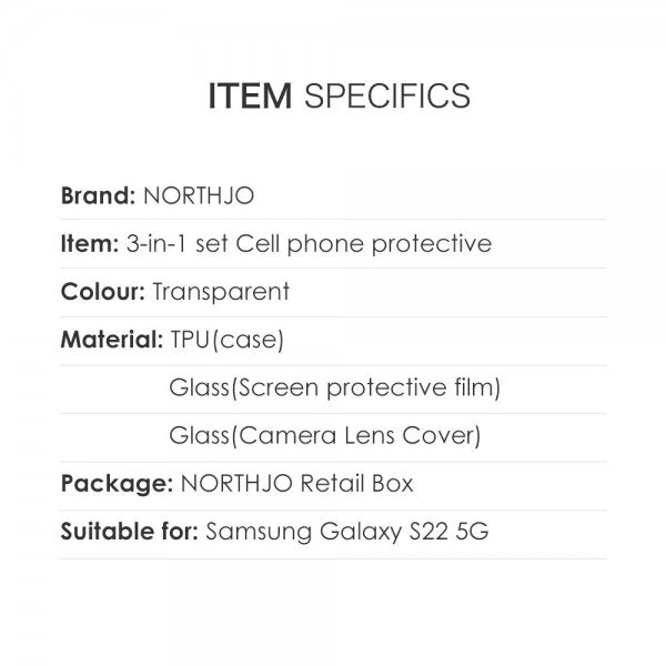 Northjo Samsung Galaxy S22 -kuori, jossa näytönsuoja ja kameran suoja 3-in-1