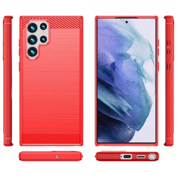 Samsung Galaxy S22 Ultra -kuori, harjattu hiilikuitukuvio, punainen