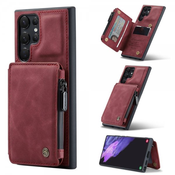 CaseMe Samsung Galaxy S22 Ultra -suojakotelo, C20, korttipaikat, vetoketju, punainen