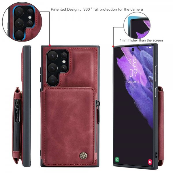 CaseMe Samsung Galaxy S22 Ultra -suojakotelo, C20, korttipaikat, vetoketju, punainen