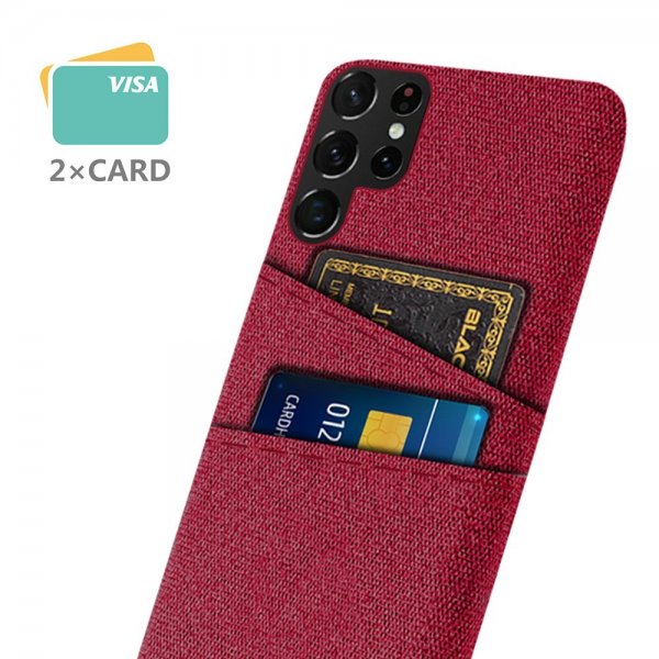 Samsung Galaxy S22 Ultra -kuori, kaksi korttipaikkaa, kangas, punainen
